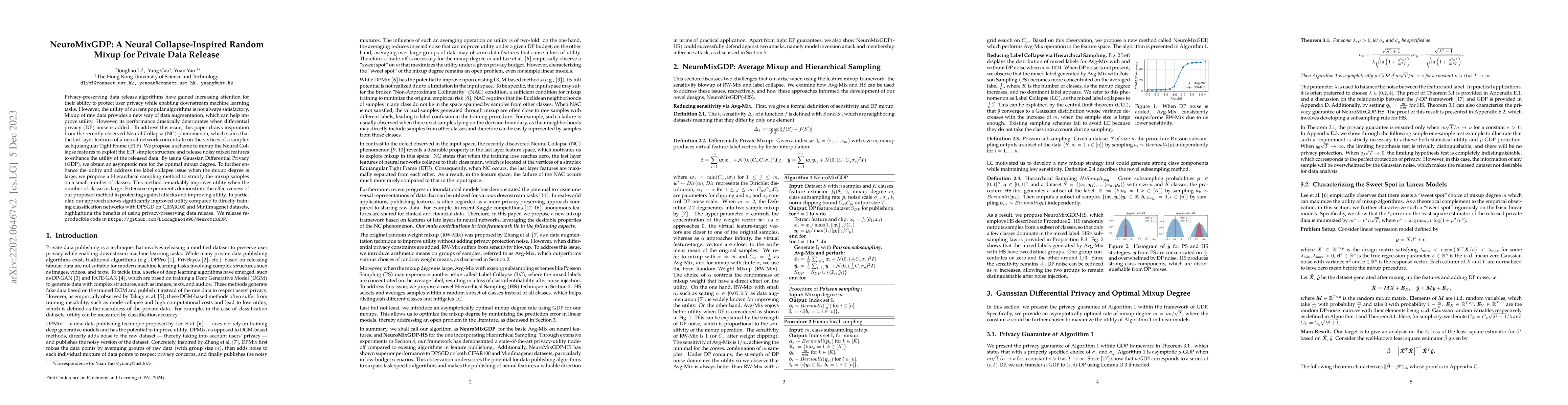 Thumbnail for NeuroMixGDP: A Neural Collapse-Inspired Random Mixup for Private Data
  Release