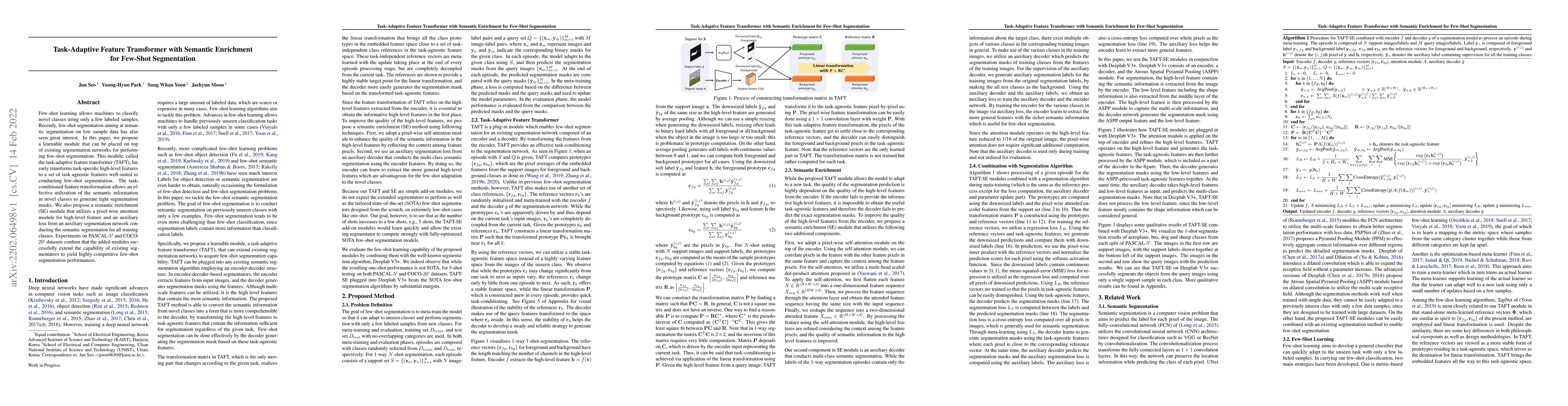 Thumbnail for Task-Adaptive Feature Transformer with Semantic Enrichment for Few-Shot
  Segmentation