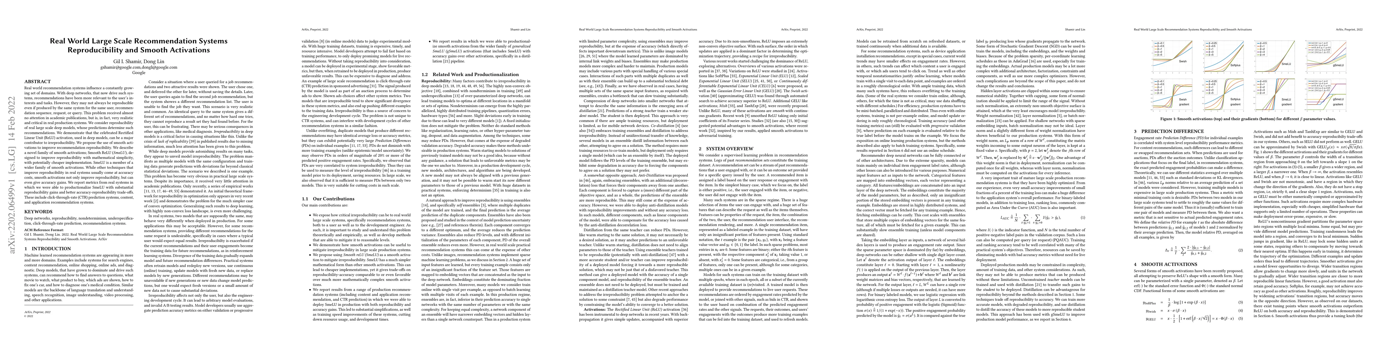 Thumbnail for Real World Large Scale Recommendation Systems Reproducibility and Smooth
  Activations
