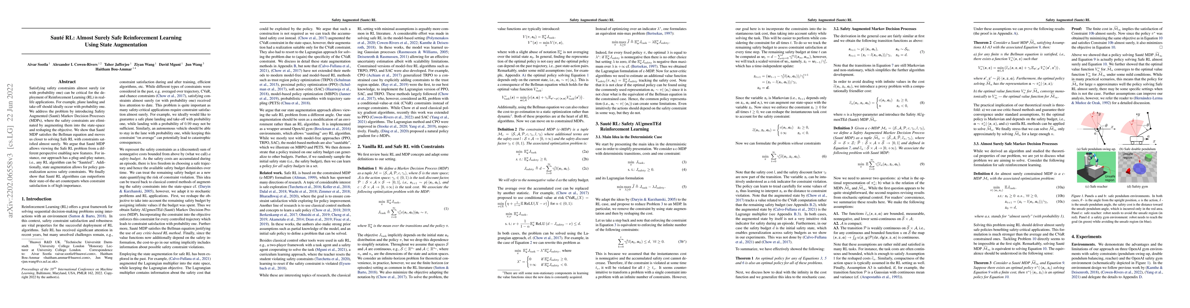 Thumbnail for Saute RL: Almost Surely Safe Reinforcement Learning Using State
  Augmentation
