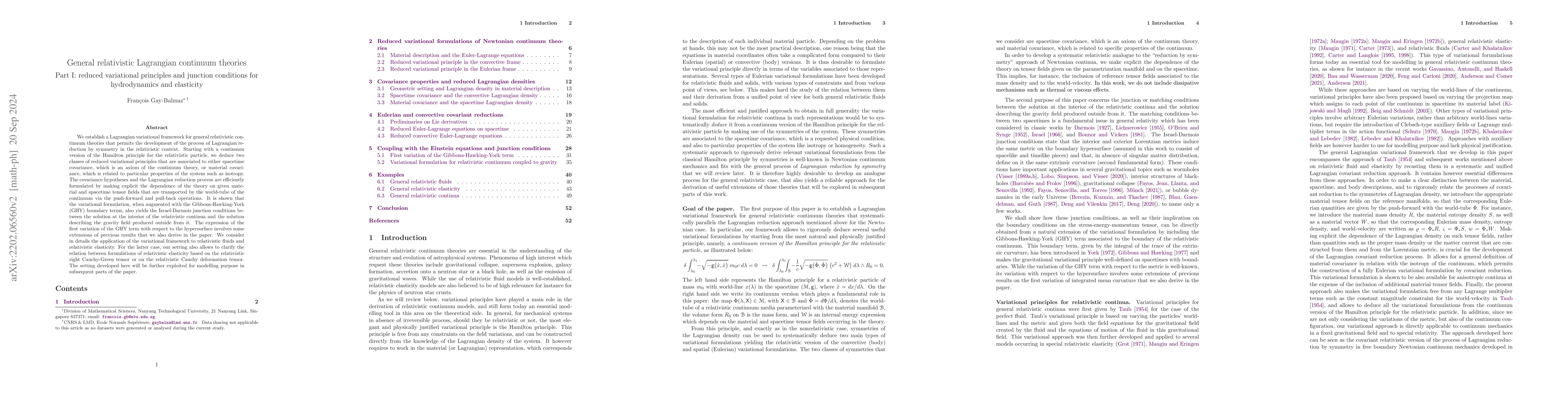 Thumbnail for General relativistic Lagrangian continuum theories -- Part I: reduced
  variational principles and junction conditions for hydrodynamics and
  elasticity