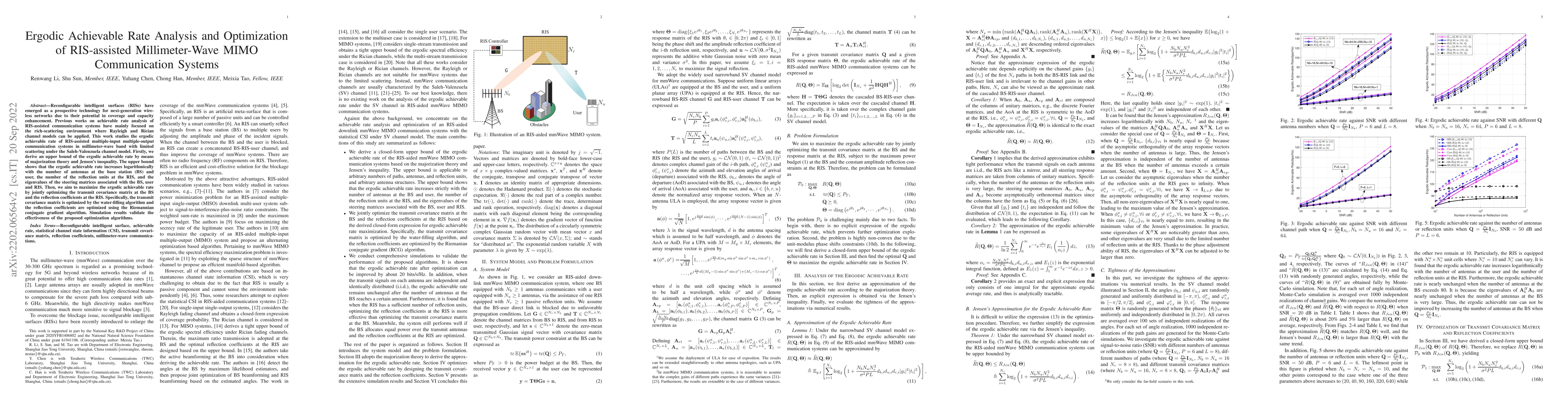 Thumbnail for Ergodic Achievable Rate Analysis and Optimization of RIS-assisted
  Millimeter-Wave MIMO Communication Systems