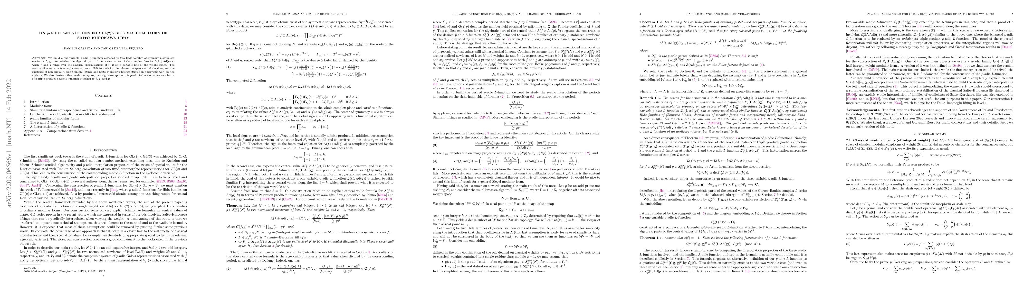 Thumbnail for On $p$-adic $L$-functions for
  $\operatorname{GL}(2)\times\operatorname{GL}(3)$ via pullbacks of
  Saito--Kurokawa lifts