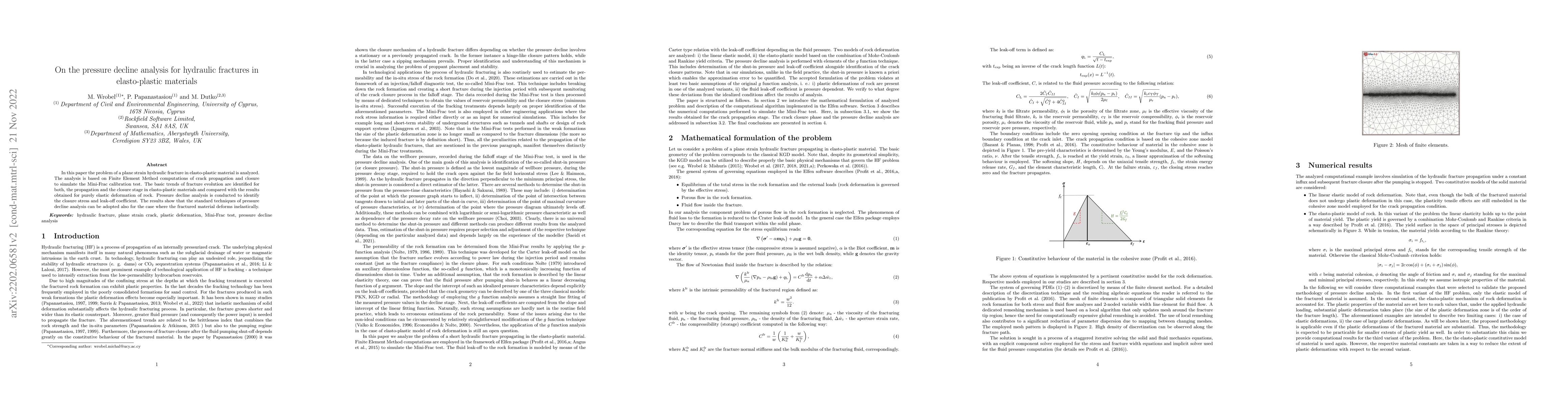Thumbnail for On the pressure decline analysis for hydraulic fractures in
  elasto-plastic materials