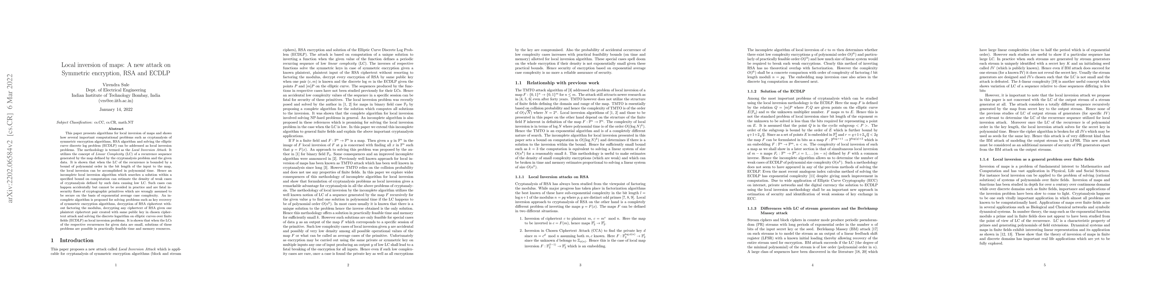Thumbnail for Local inversion of maps: A new attack on Symmetric encryption, RSA and
  ECDLP