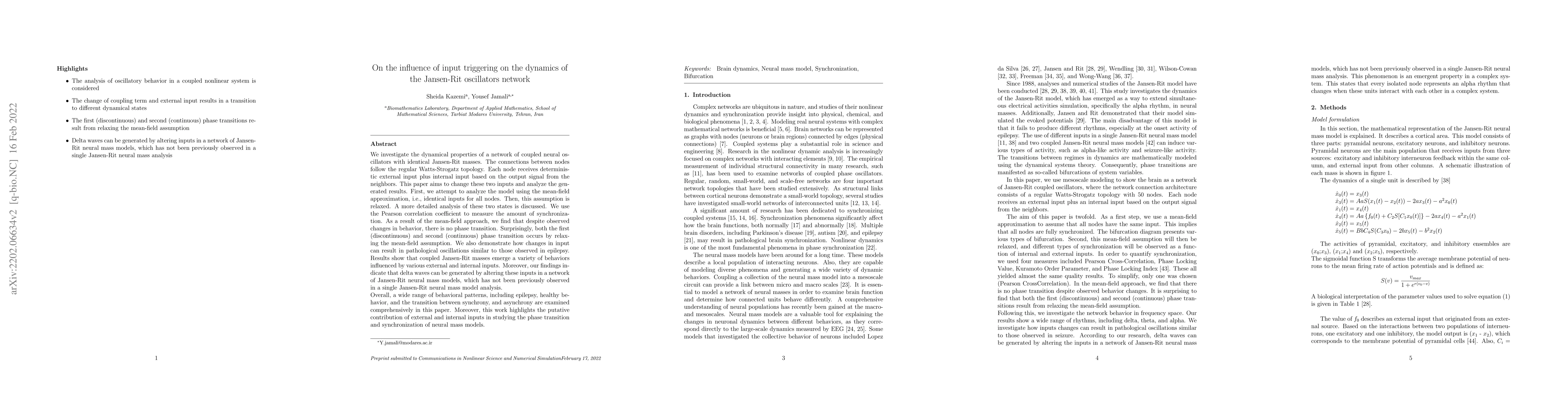 Thumbnail for On the influence of input triggering on the dynamics of the Jansen-Rit
  oscillators network