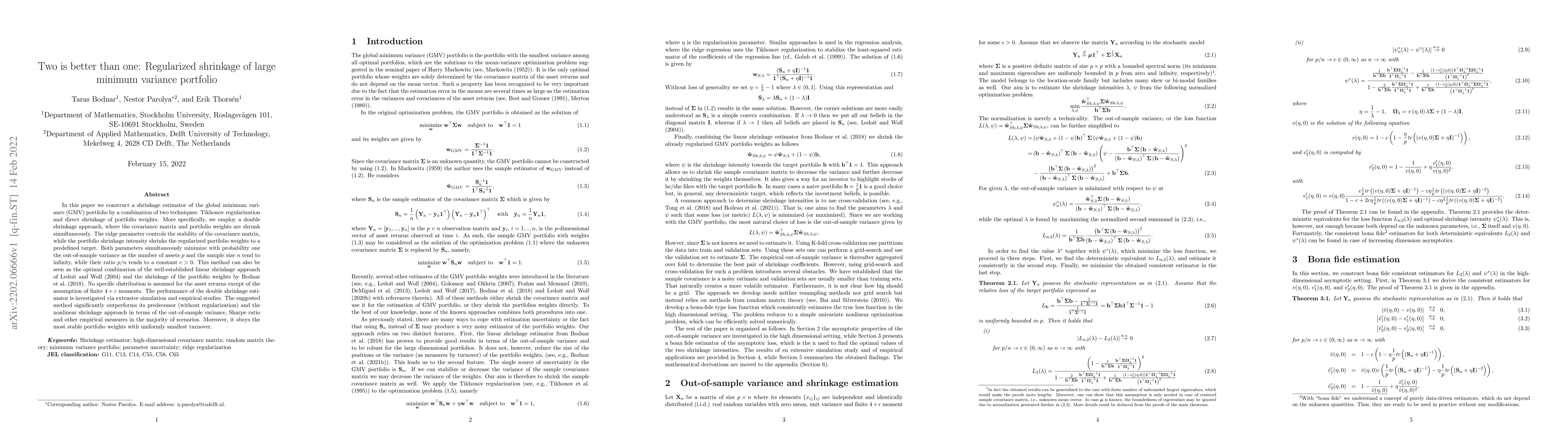 Thumbnail for Two is better than one: Regularized shrinkage of large minimum variance
  portfolio