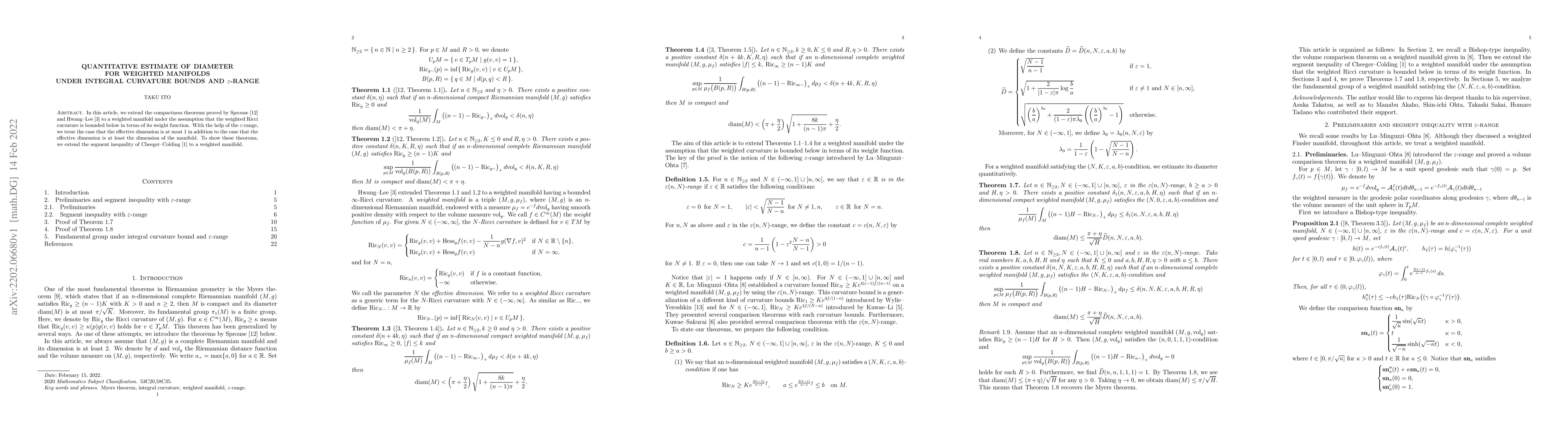 Thumbnail for Quantitative estimate of diameter for weighted manifolds under integral
  curvature bounds and $\varepsilon$-range