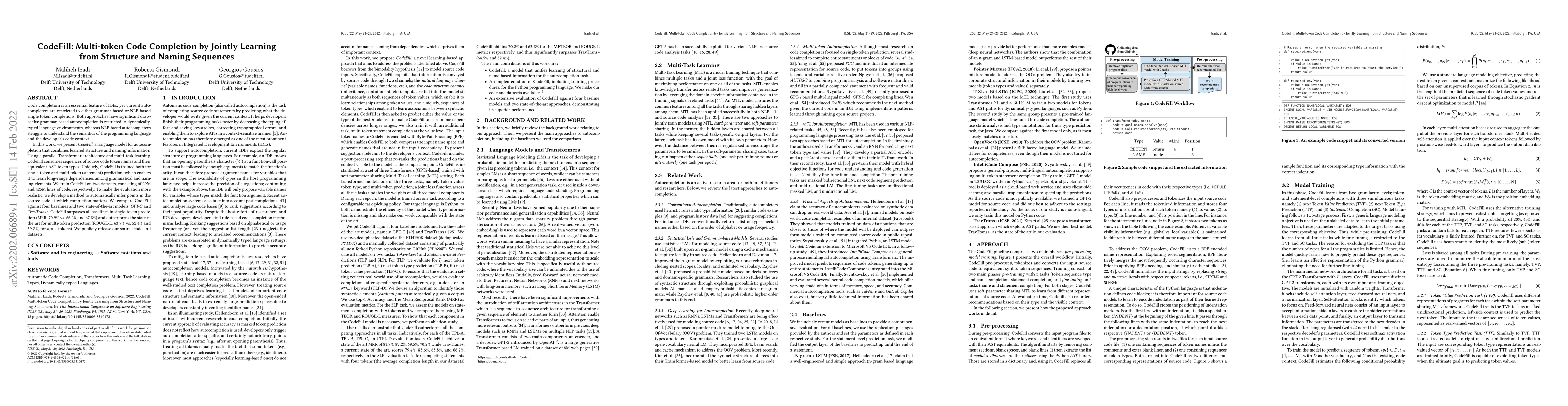 Thumbnail for CodeFill: Multi-token Code Completion by Jointly Learning from Structure
  and Naming Sequences