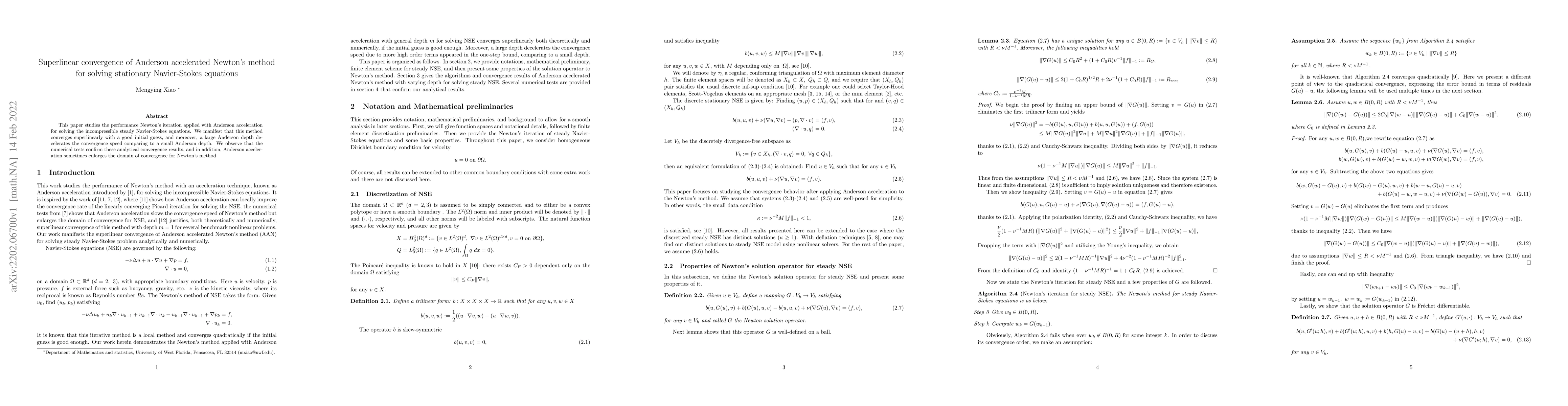 Thumbnail for Superlinear convergence of Anderson accelerated Newton's method for
  solving stationary Navier-Stokes equations