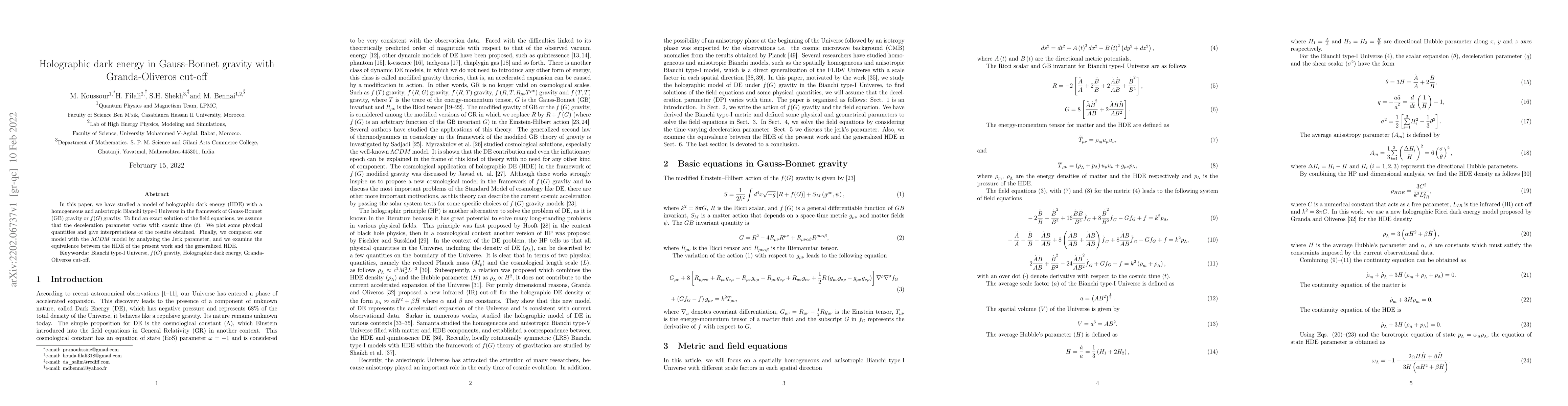 Thumbnail for Holographic dark energy in Gauss-Bonnet gravity with Granda-Oliveros
  cut-off