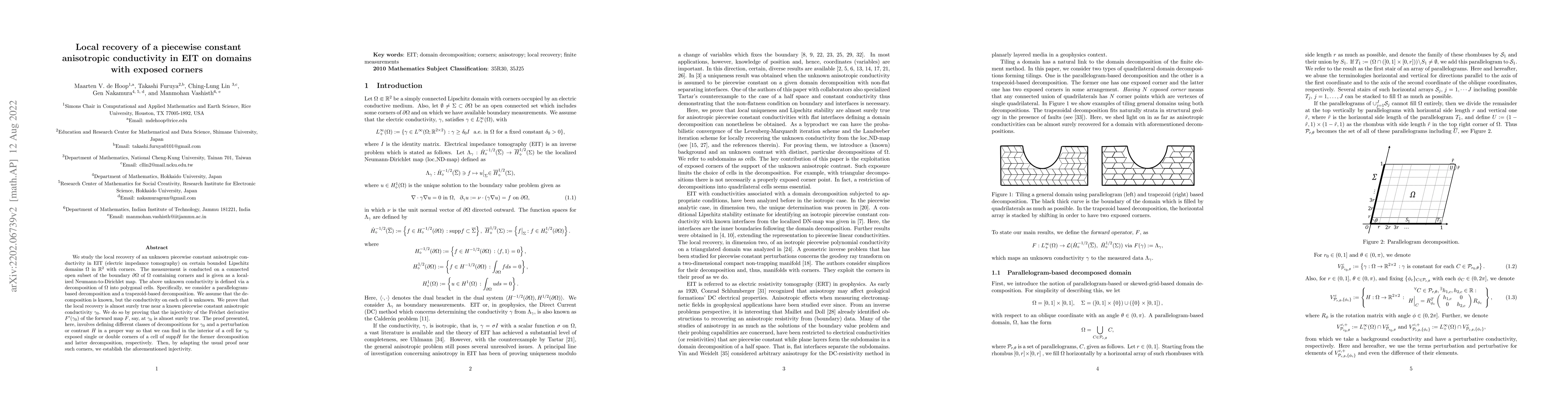 Thumbnail for Local recovery of a piecewise constant anisotropic conductivity in EIT
  on domains with exposed corners