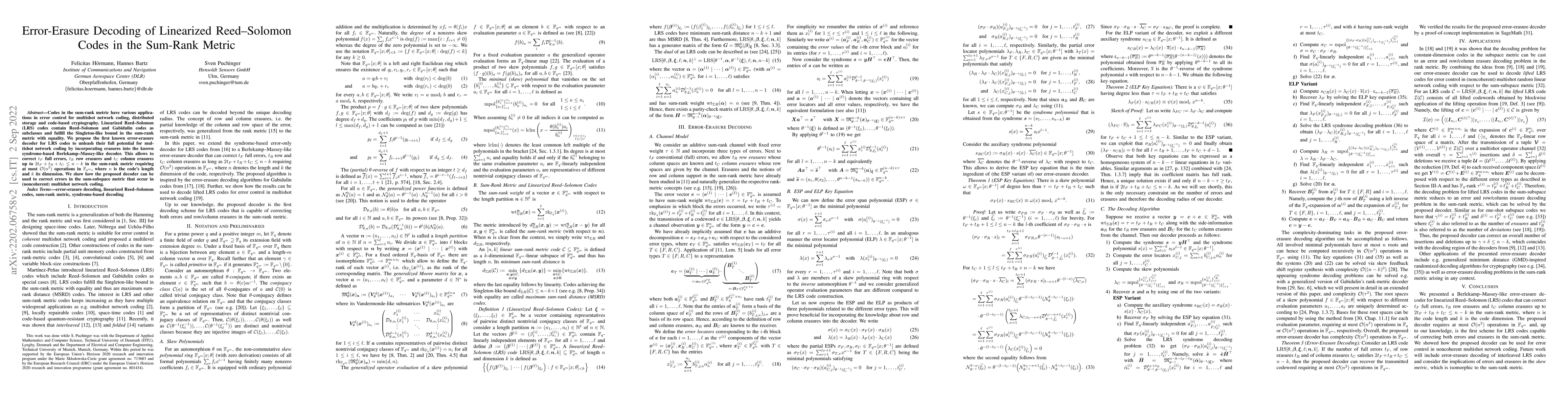 Thumbnail for Error-Erasure Decoding of Linearized Reed-Solomon Codes in the Sum-Rank
  Metric
