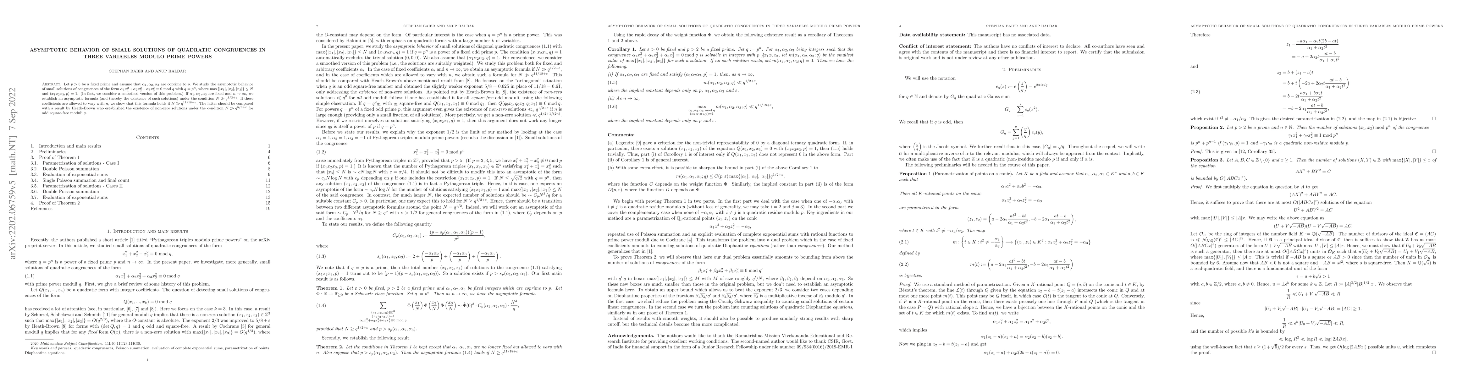 Thumbnail for Asymptotic behavior of small solutions of quadratic congruences in three
  variables modulo prime powers