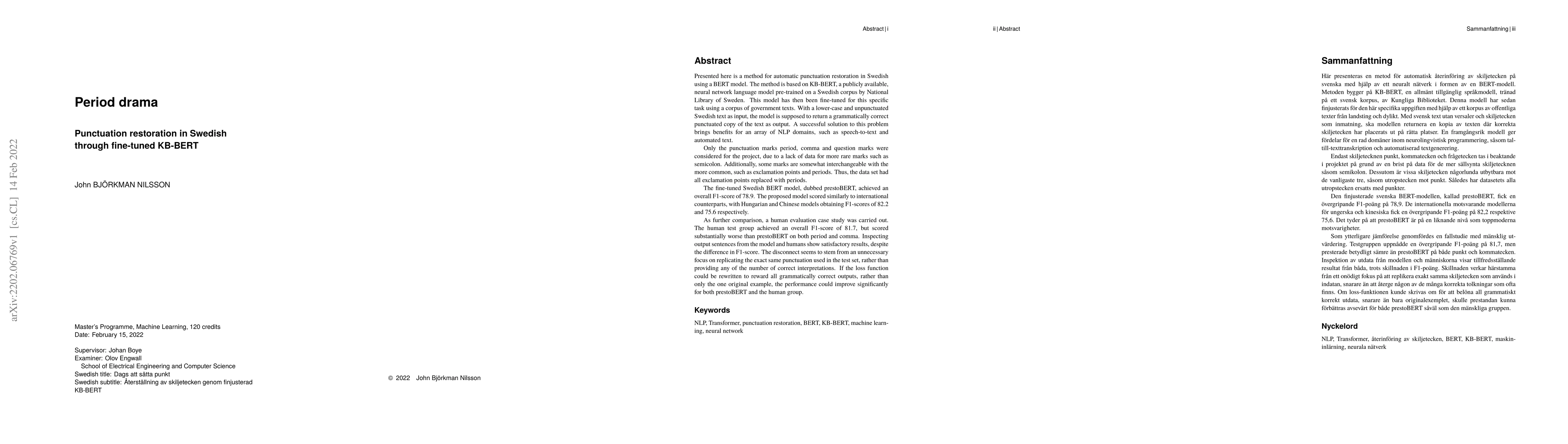 Thumbnail for Punctuation restoration in Swedish through fine-tuned KB-BERT