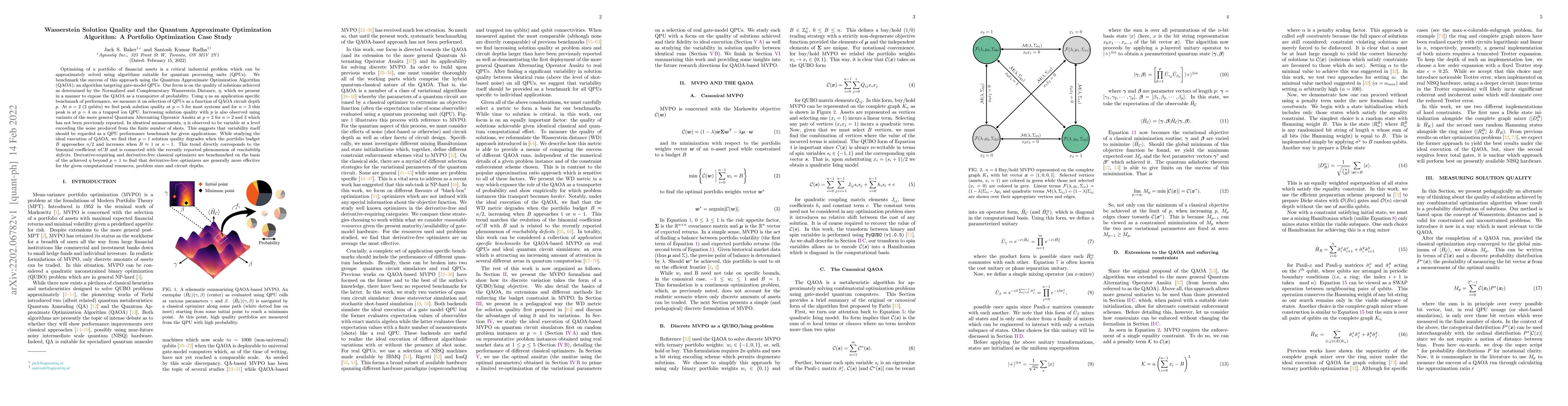 Thumbnail for Wasserstein Solution Quality and the Quantum Approximate Optimization
  Algorithm: A Portfolio Optimization Case Study