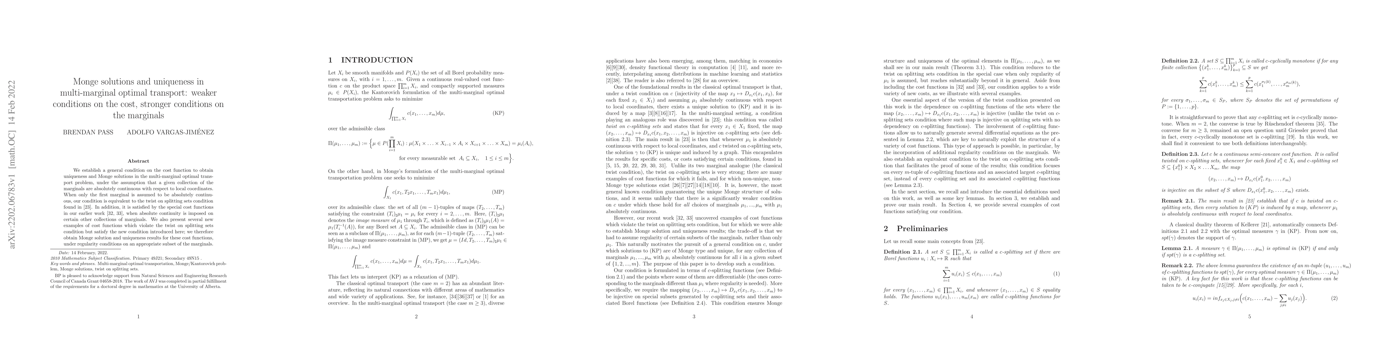 Thumbnail for Monge solutions and uniqueness in multi-marginal optimal transport:
  weaker conditions on the cost, stronger conditions on the marginals
