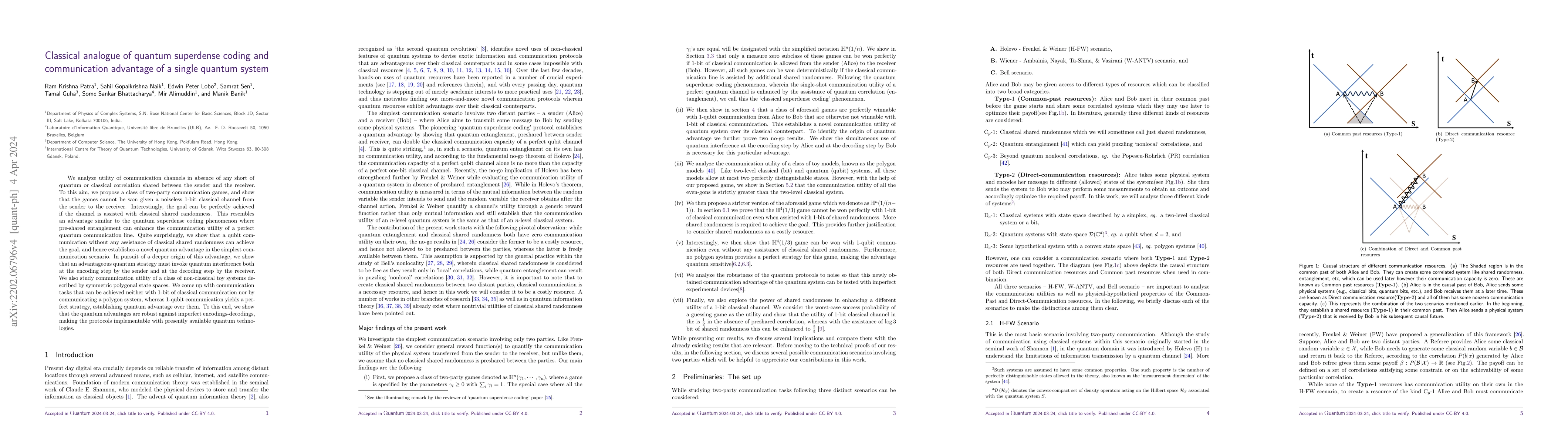 Thumbnail for Classical analogue of quantum superdense coding and communication
  advantage of a single quantum system