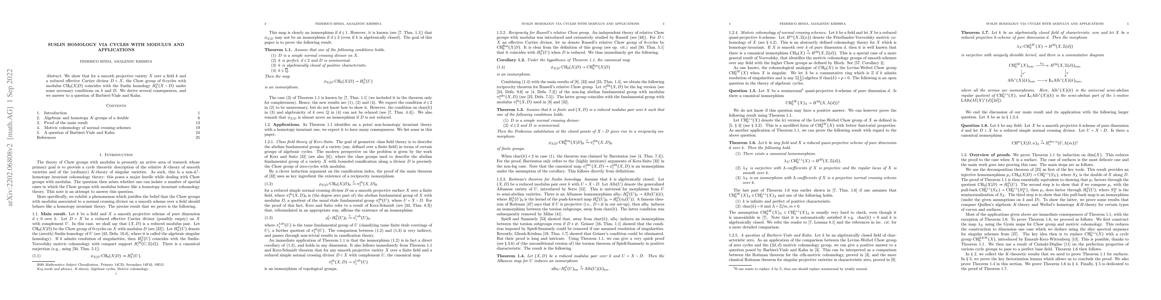Thumbnail for Suslin homology via cycles with modulus and applications