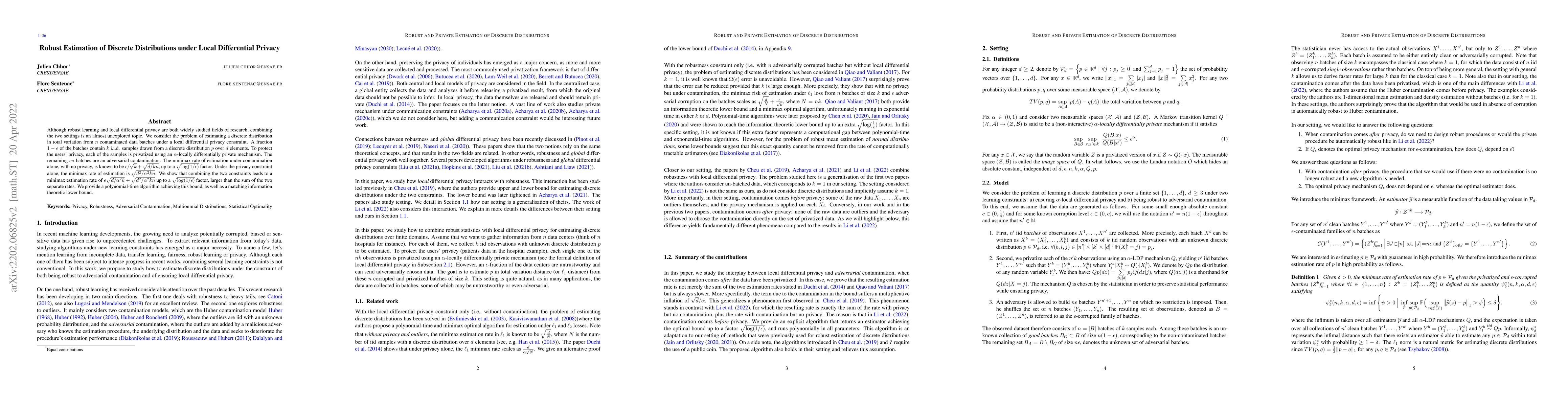 Thumbnail for Robust Estimation of Discrete Distributions under Local Differential
  Privacy