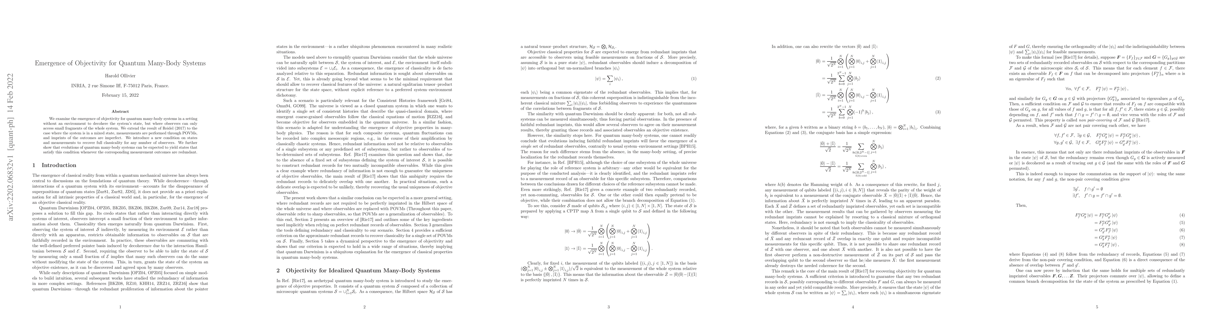 Thumbnail for Emergence of Objectivity for Quantum Many-Body Systems