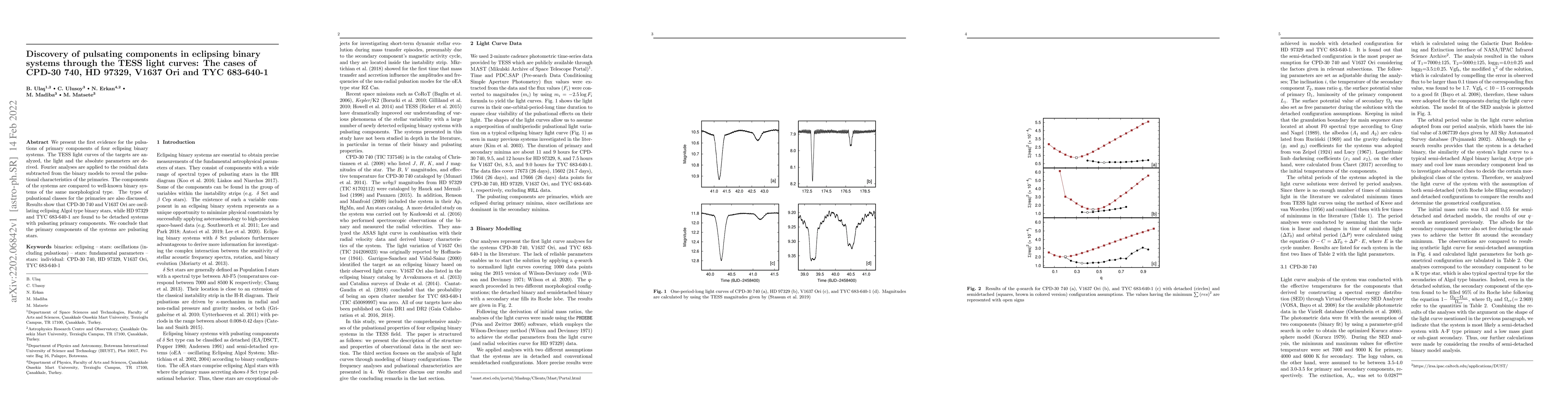Thumbnail for Discovery of pulsating components in eclipsing binary systems through
  the TESS light curves: The cases of CPD-30 740, HD 97329, V1637 Ori and TYC
  683-640-1