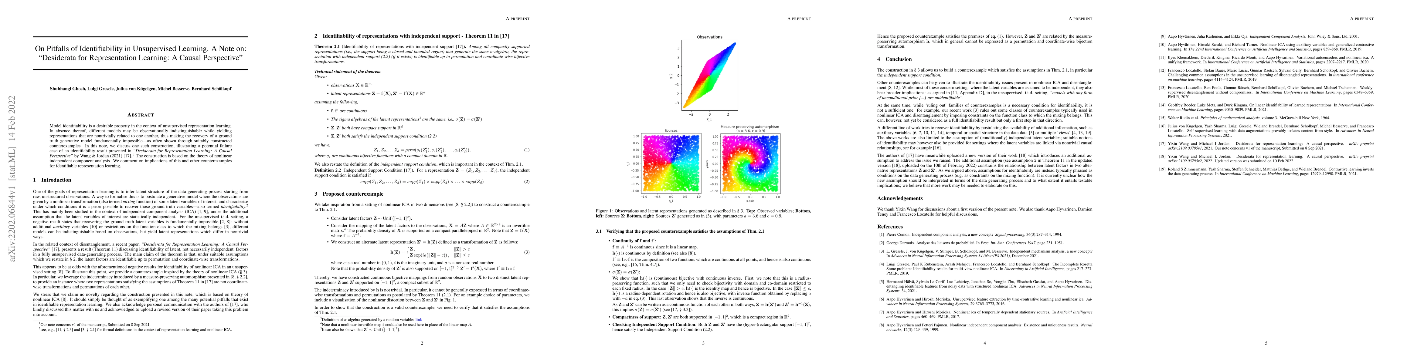 Thumbnail for On Pitfalls of Identifiability in Unsupervised Learning. A Note on:
  "Desiderata for Representation Learning: A Causal Perspective"