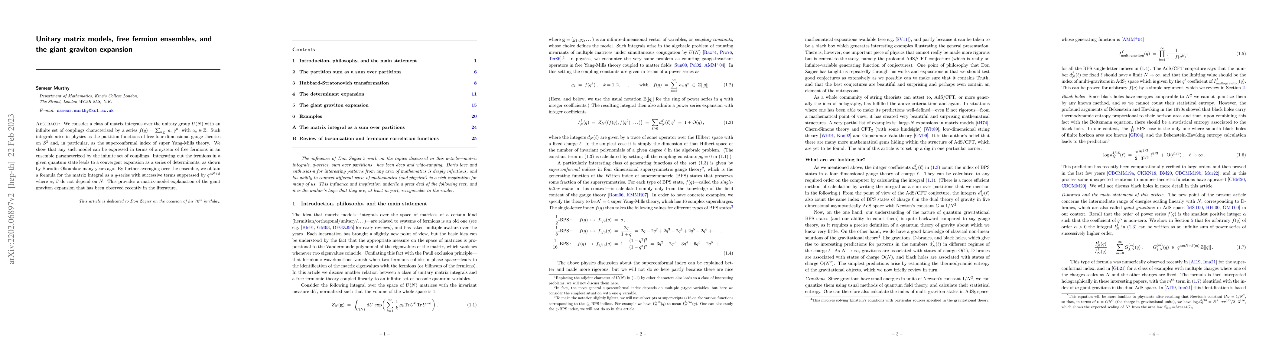 Thumbnail for Unitary matrix models, free fermion ensembles, and the giant graviton
  expansion