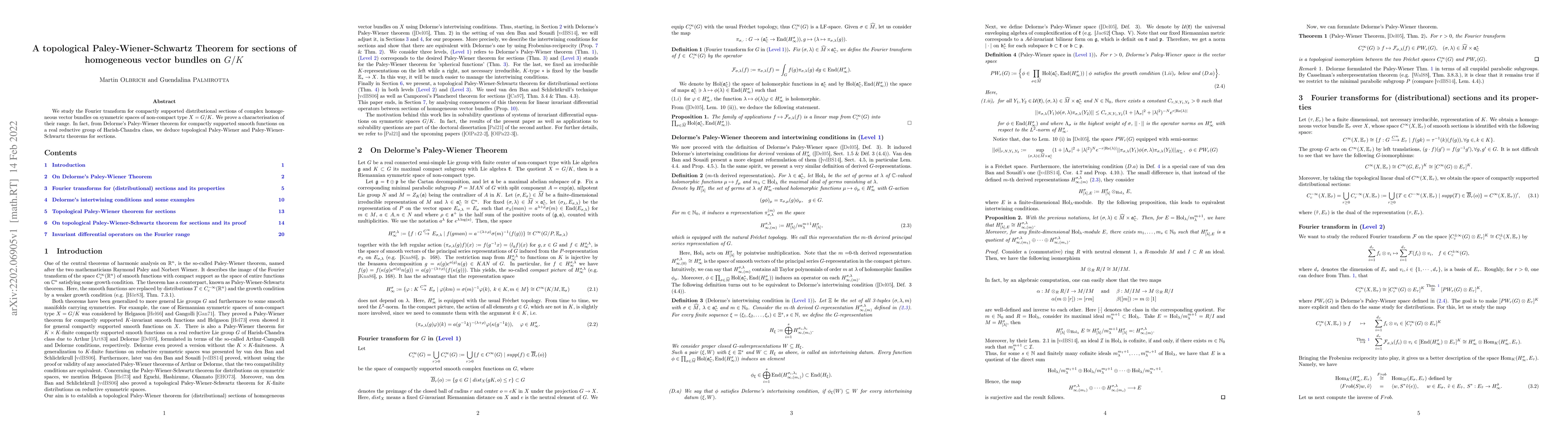 Thumbnail for A topological Paley-Wiener-Schwartz Theorem for sections of homogeneous
  vector bundles on $G/K$