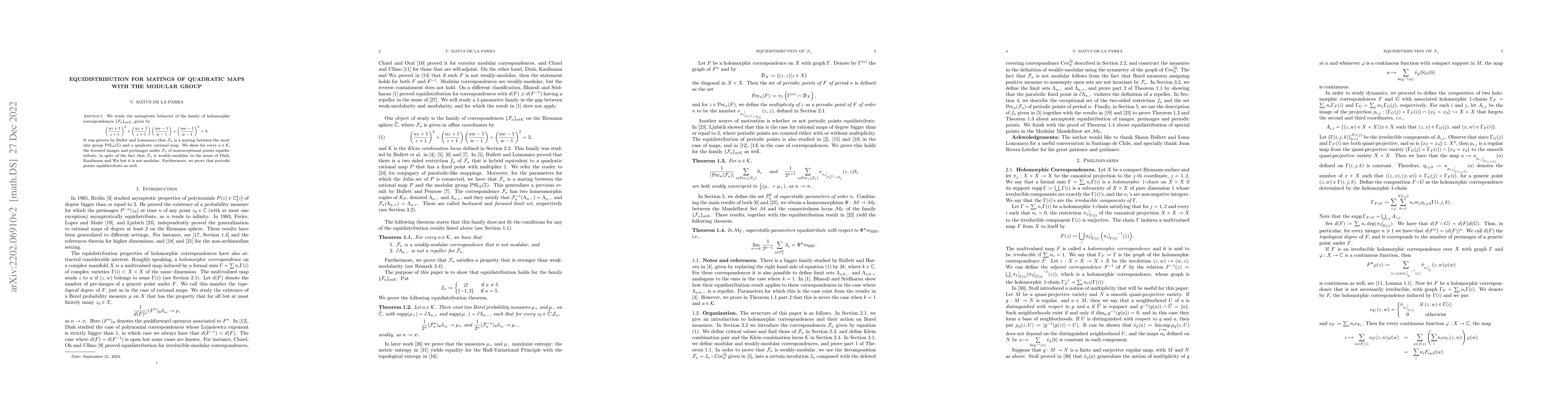 Thumbnail for Equidistribution for matings of quadratic maps with the Modular group