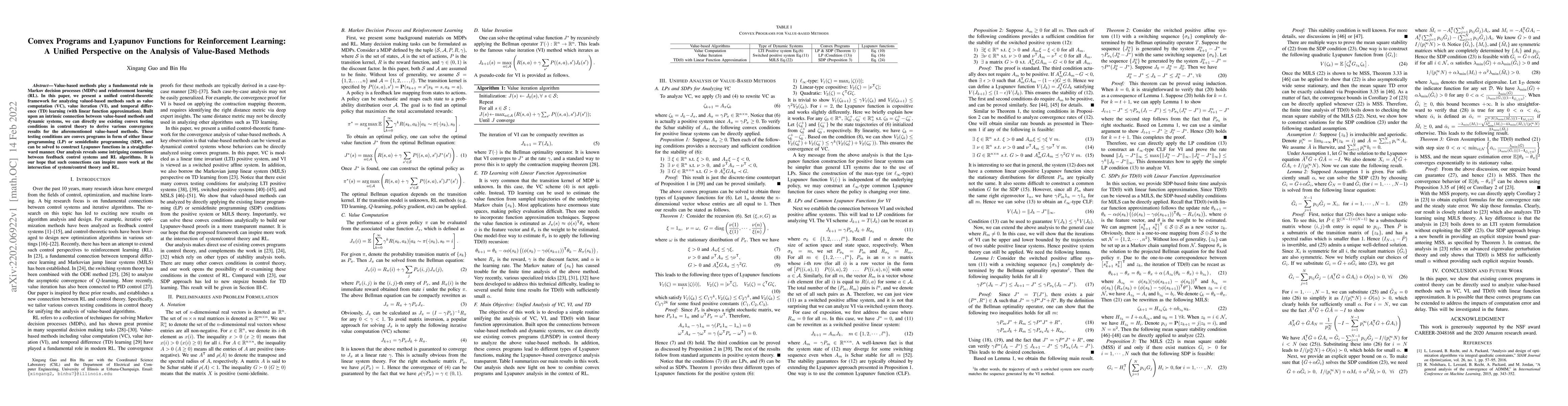Thumbnail for Convex Programs and Lyapunov Functions for Reinforcement Learning: A
  Unified Perspective on the Analysis of Value-Based Methods