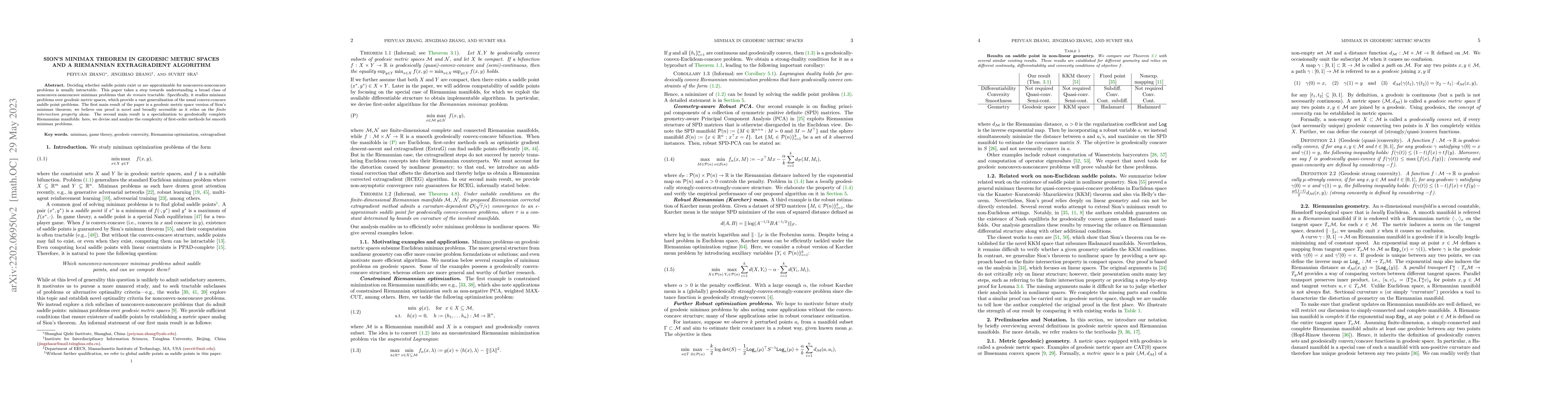 Thumbnail for Sion's Minimax Theorem in Geodesic Metric Spaces and a Riemannian
  Extragradient Algorithm