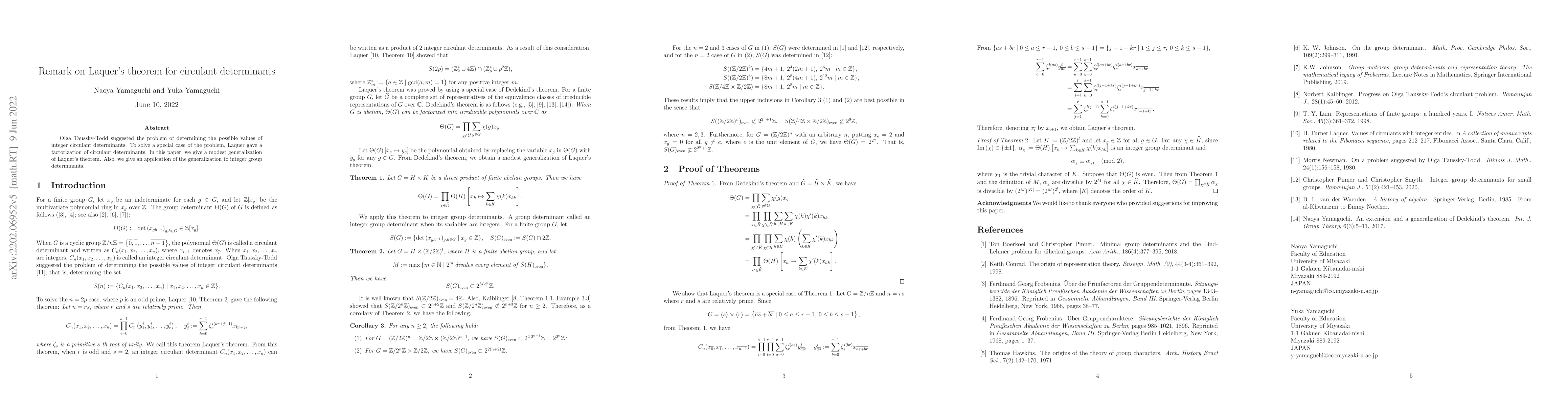 Thumbnail for Remark on Laquer's theorem for circulant determinants