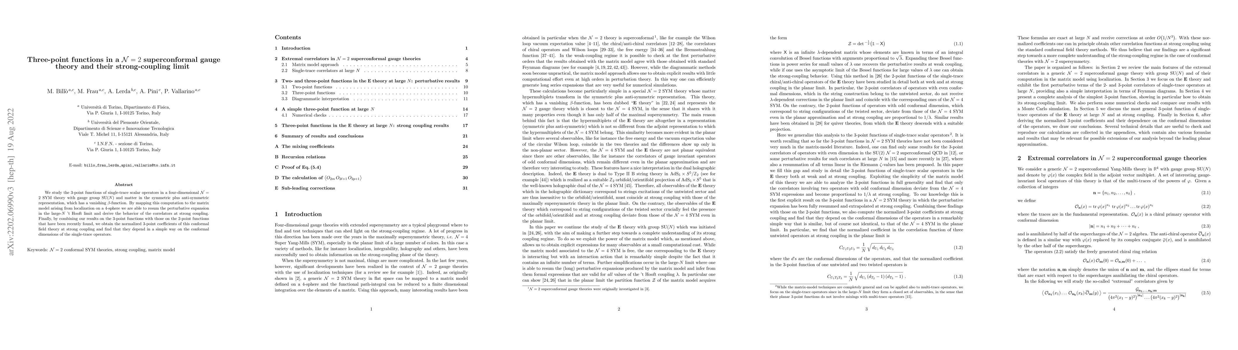 Thumbnail for Three-point functions in a $\mathcal{N}=2$ superconformal gauge theory
  and their strong-coupling limit