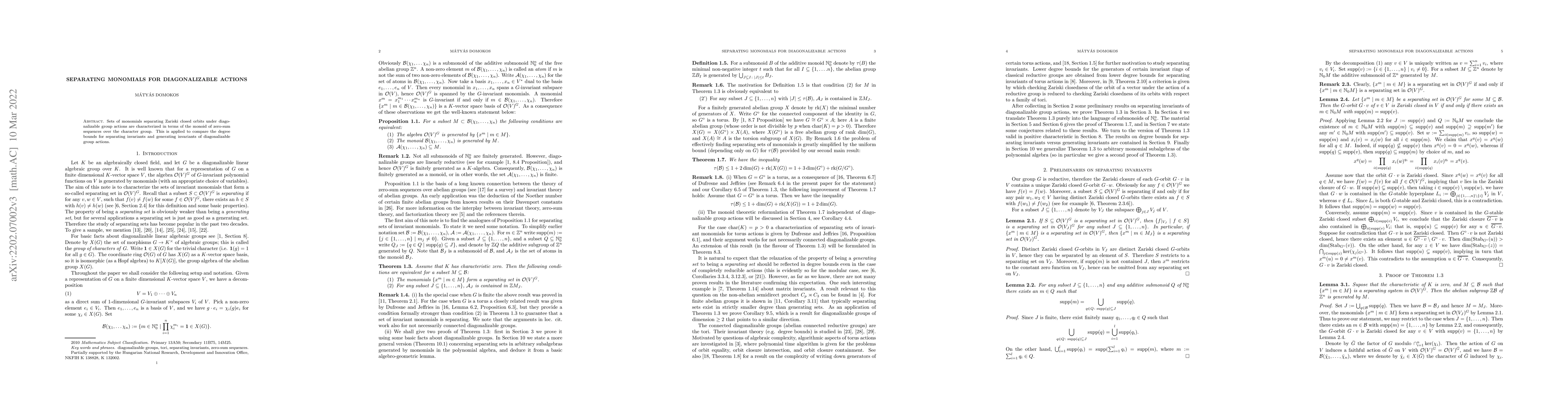 Thumbnail for Separating monomials for diagonalizable actions