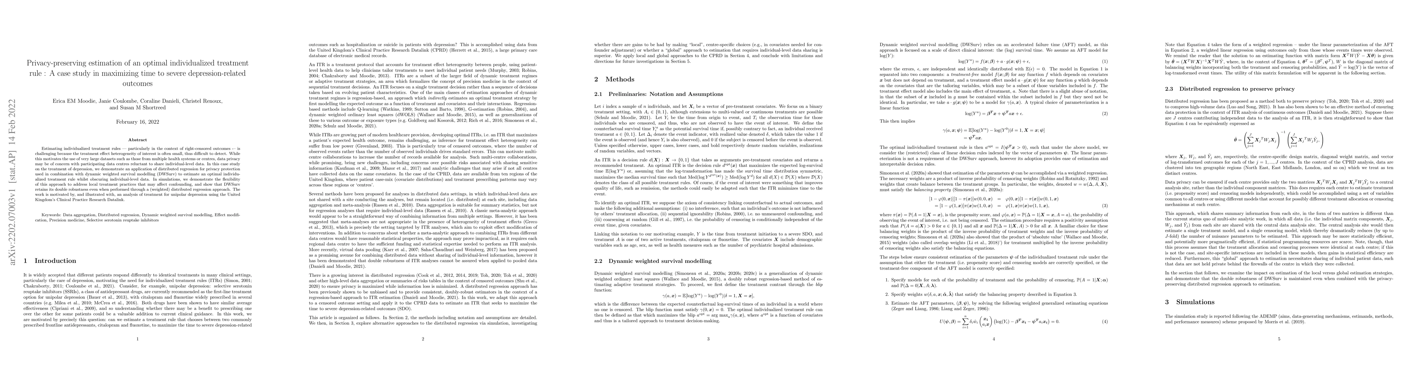 Thumbnail for Privacy-preserving estimation of an optimal individualized treatment
  rule : A case study in maximizing time to severe depression-related outcomes