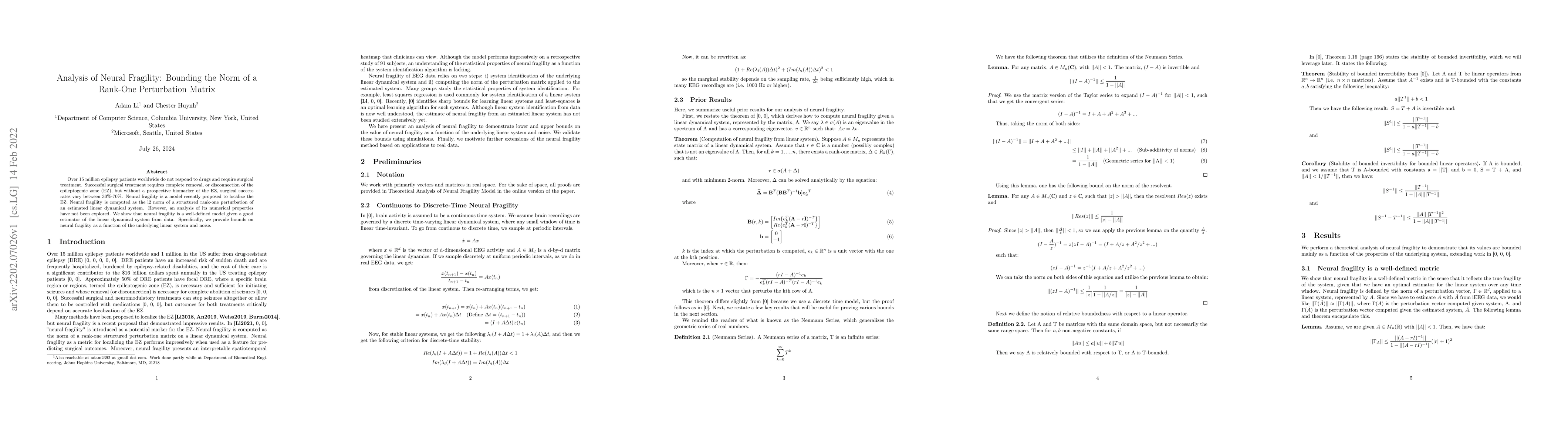Thumbnail for Analysis of Neural Fragility: Bounding the Norm of a Rank-One
  Perturbation Matrix