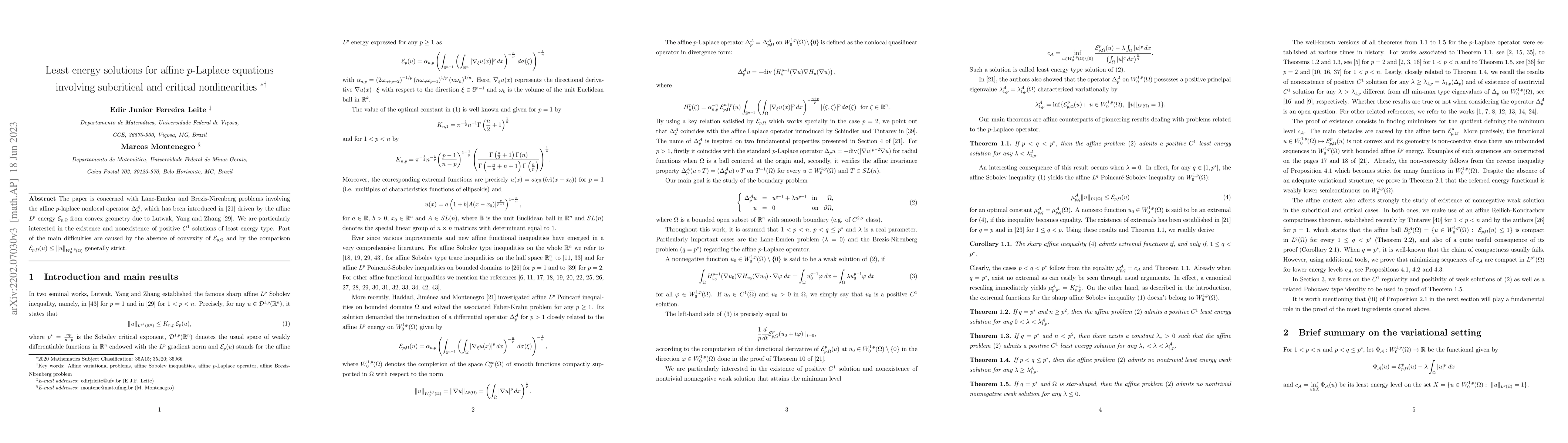 Thumbnail for Least energy solutions for affine $p$-Laplace equations involving
  subcritical and critical nonlinearities