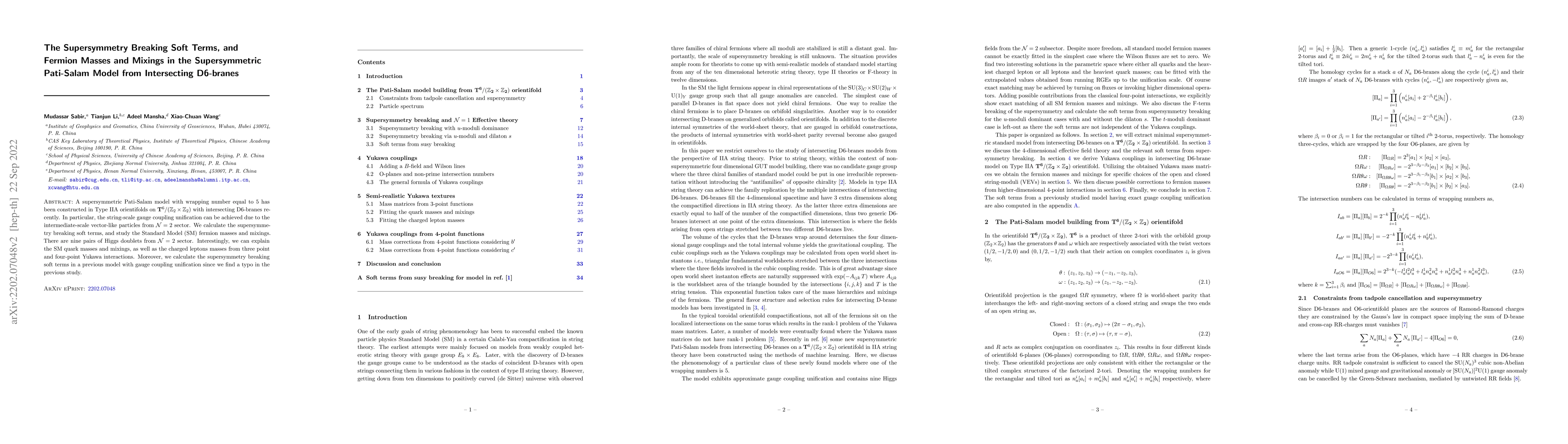 Thumbnail for The Supersymmetry Breaking Soft Terms, and Fermion Masses and Mixings in
  the Supersymmetric Pati-Salam Model from Intersecting D6-branes