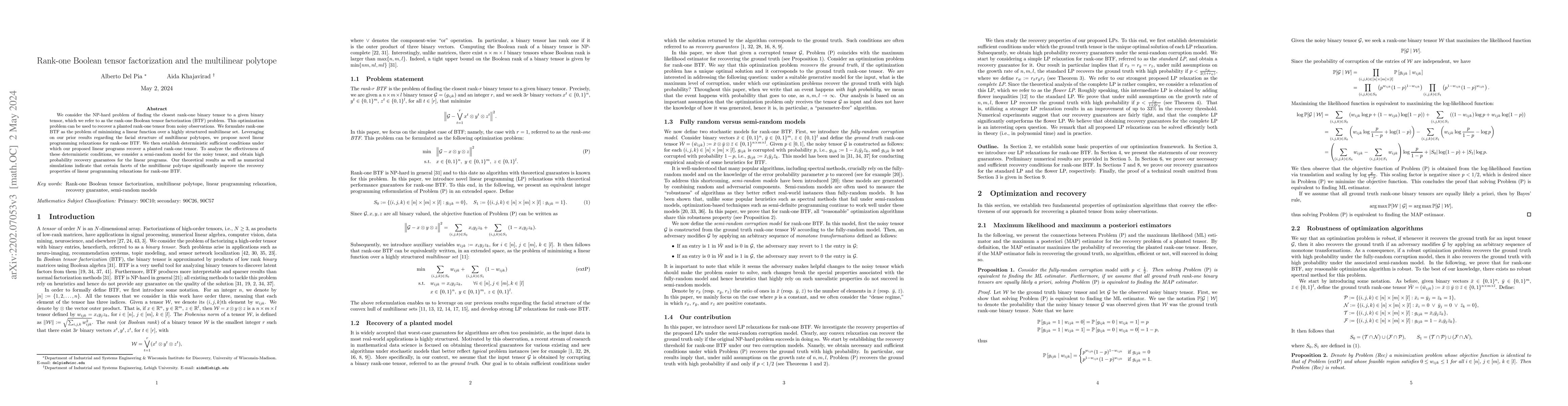 Thumbnail for Rank-one Boolean tensor factorization and the multilinear polytope