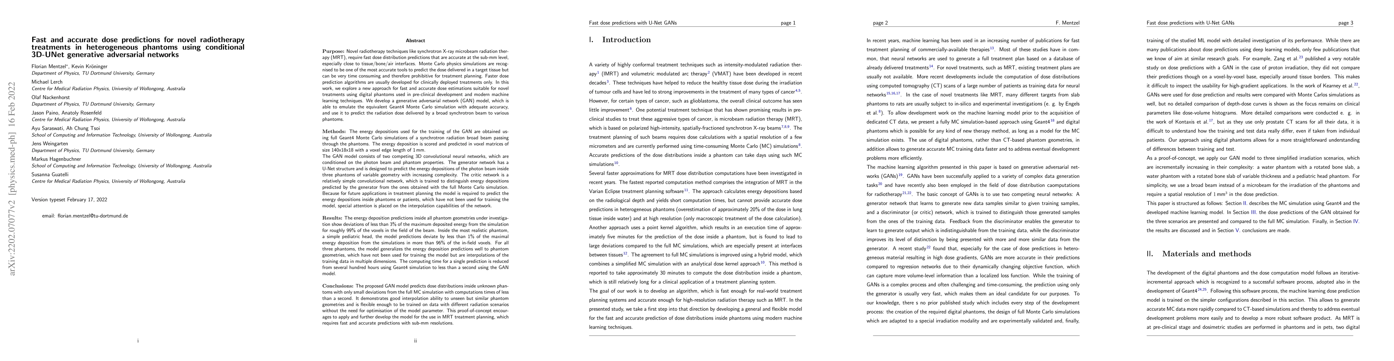Thumbnail for Fast and accurate dose predictions for novel radiotherapy treatments in
  heterogeneous phantoms using conditional 3D-UNet generative adversarial
  networks