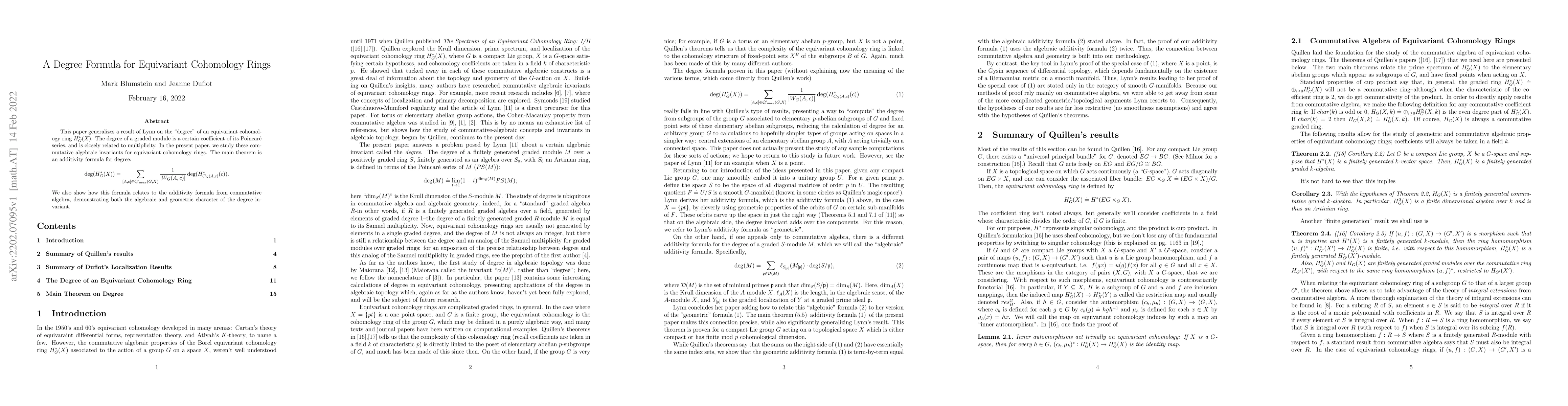 Thumbnail for A Degree Formula for Equivariant Cohomology Rings