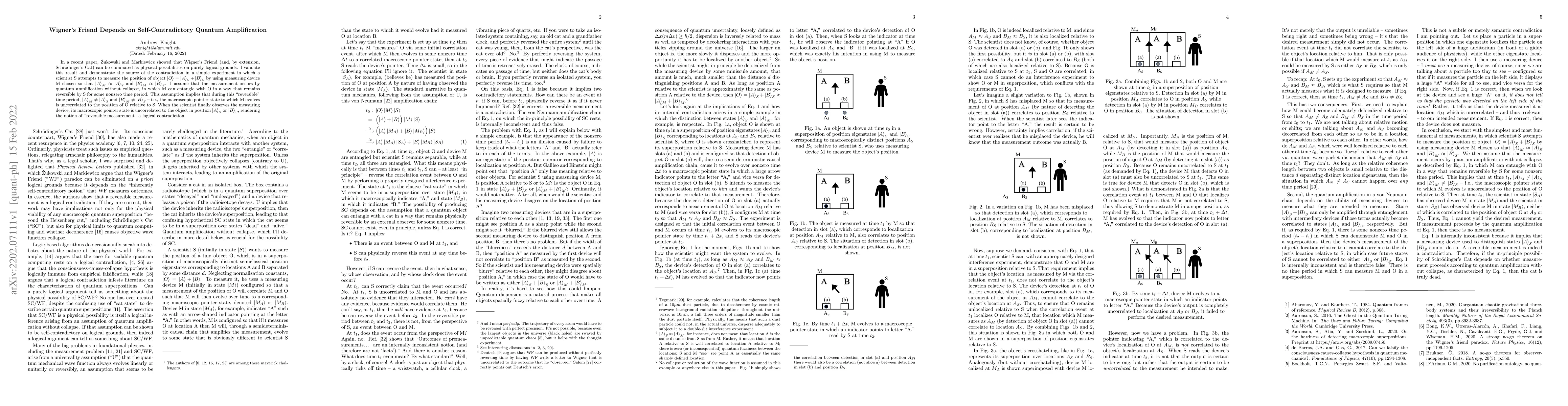Thumbnail for Wigner's Friend Depends on Self-Contradictory Quantum Amplification