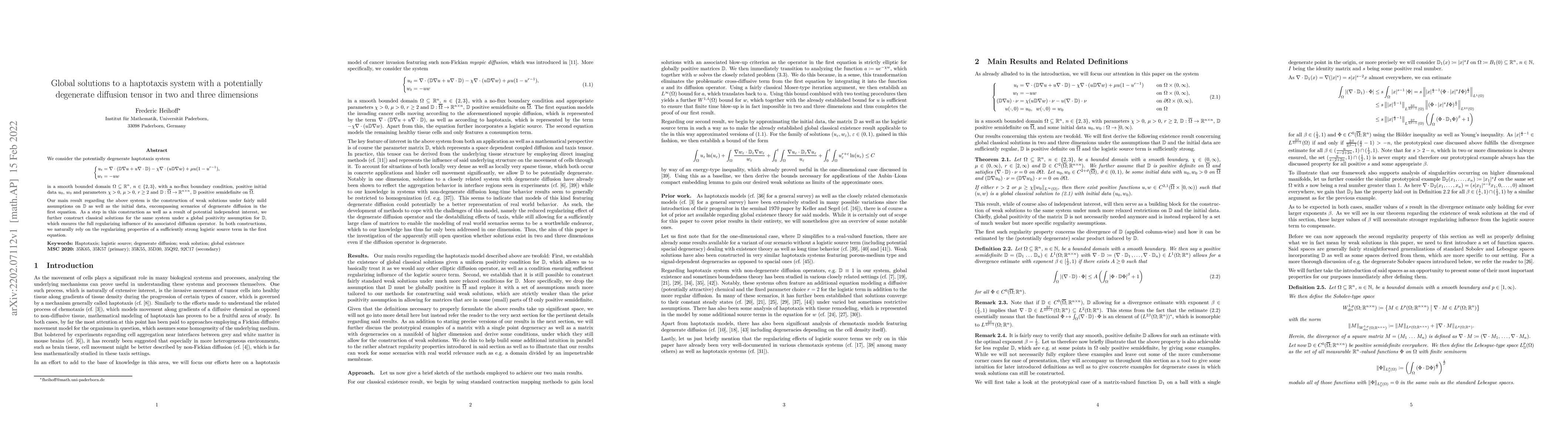 Thumbnail for Global solutions to a haptotaxis system with a potentially degenerate
  diffusion tensor in two and three dimensions