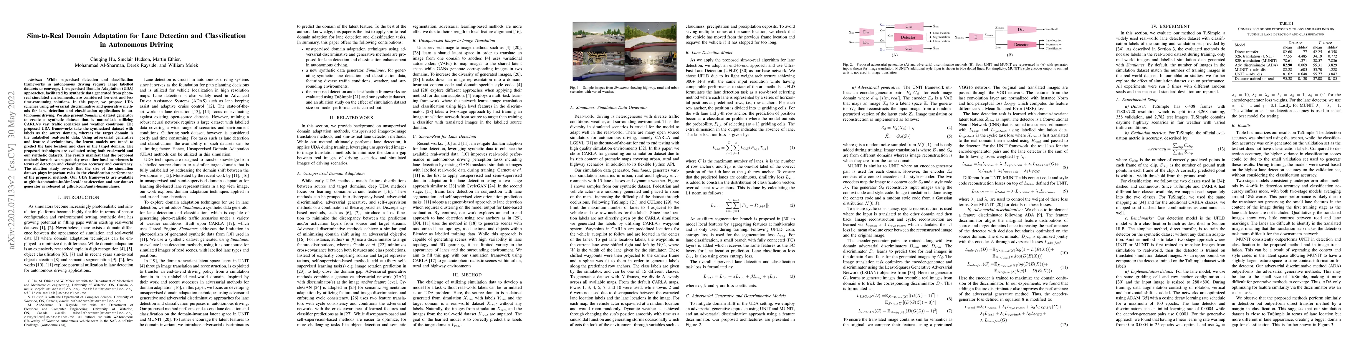Thumbnail for Sim-to-Real Domain Adaptation for Lane Detection and Classification in
  Autonomous Driving