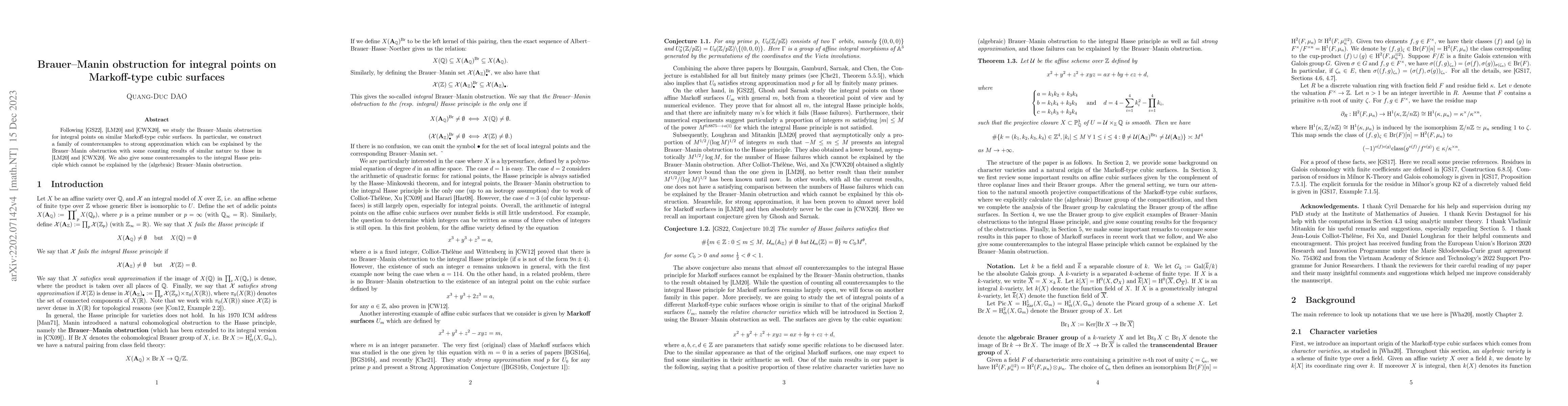 Thumbnail for Brauer-Manin obstruction for integral points on Markoff-type cubic
  surfaces