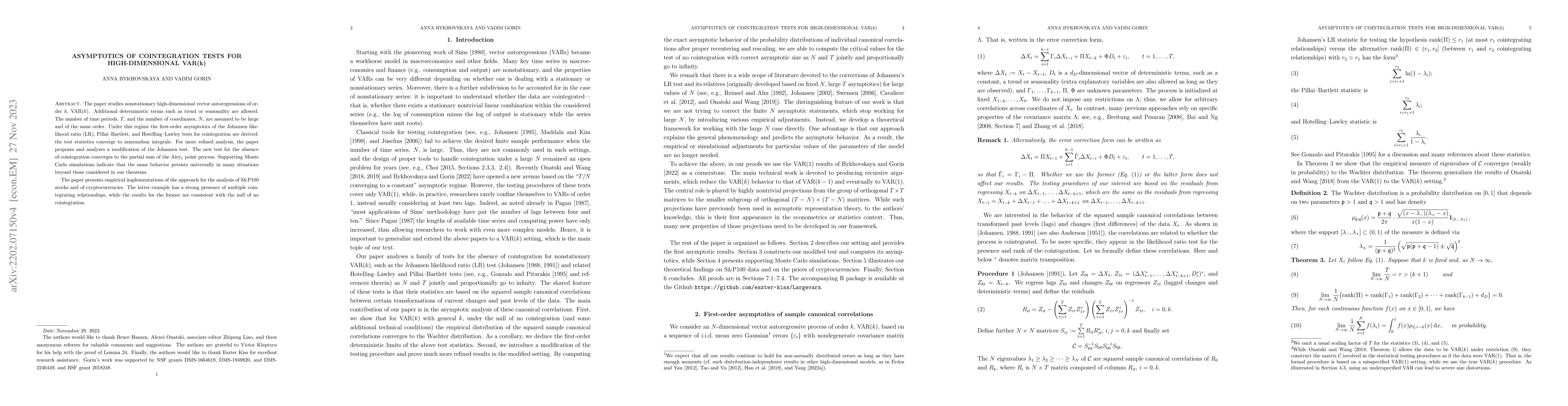 Thumbnail for Asymptotics of Cointegration Tests for High-Dimensional VAR($k$)