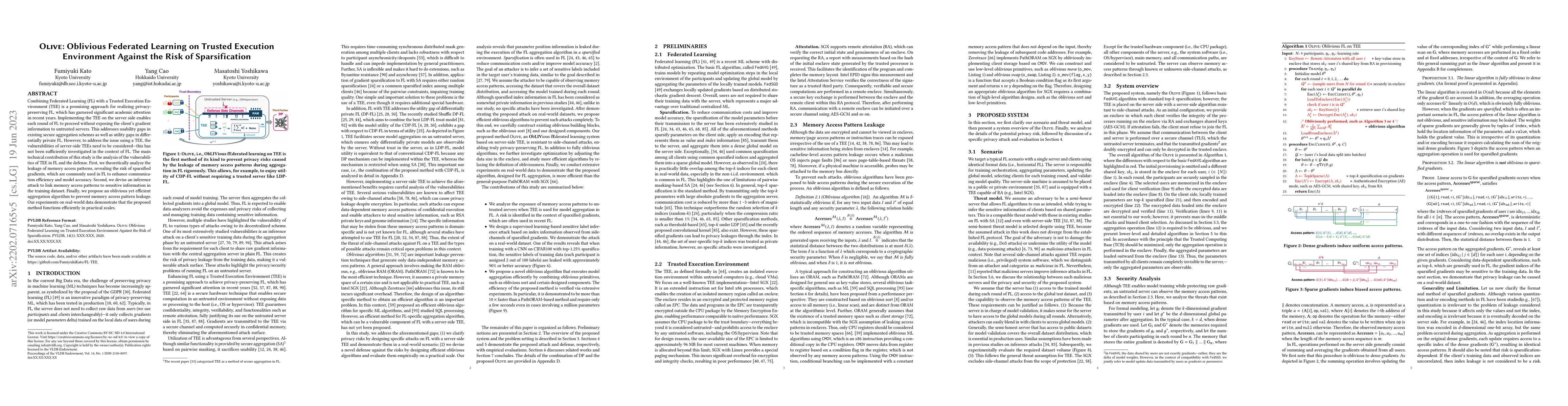 Thumbnail for OLIVE: Oblivious Federated Learning on Trusted Execution Environment
  against the risk of sparsification