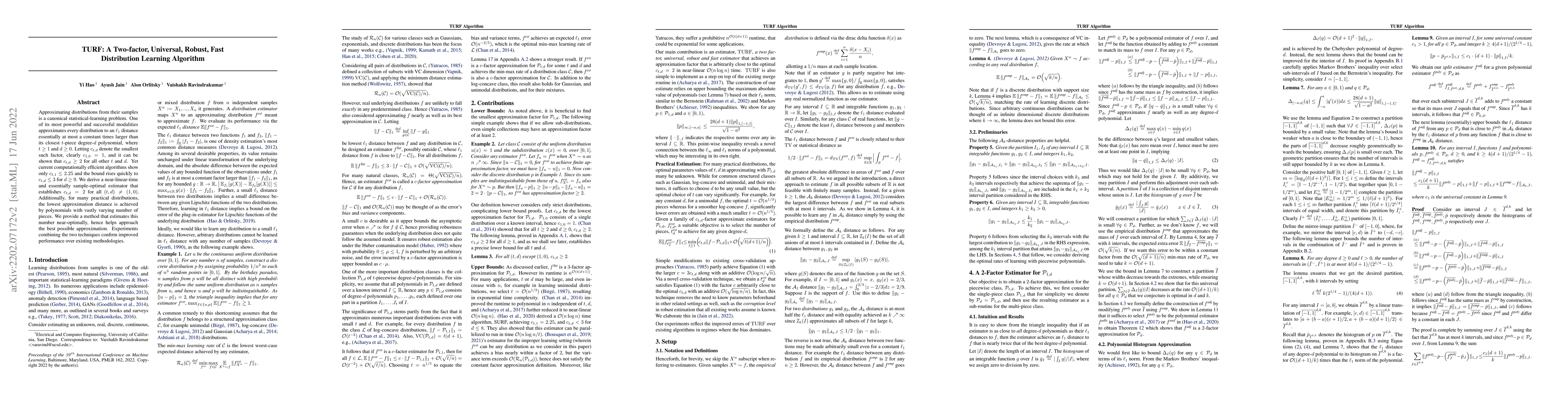 Thumbnail for TURF: A Two-factor, Universal, Robust, Fast Distribution Learning
  Algorithm