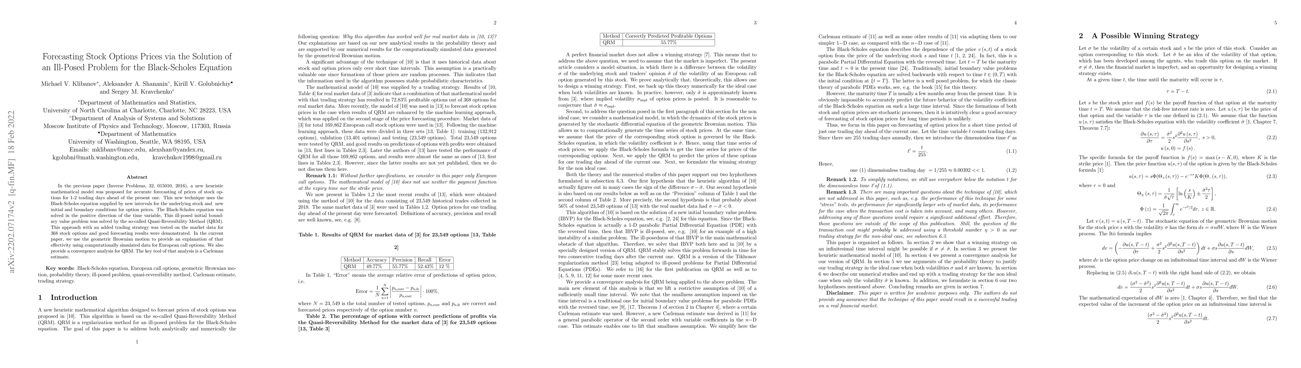 Thumbnail for Forecasting Stock Options Prices via the Solution of an Ill-Posed
  Problem for the Black-Scholes Equation